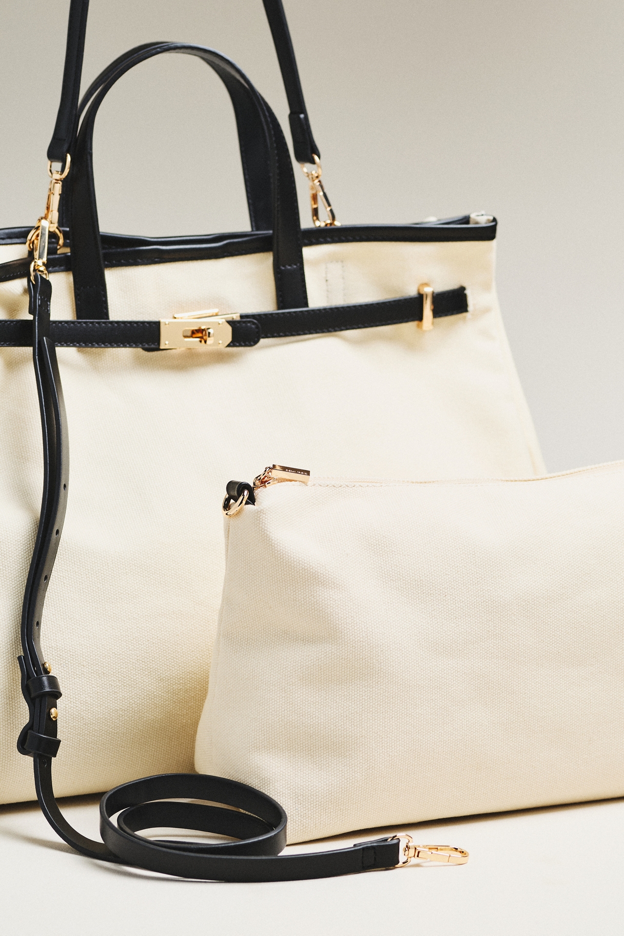 Faux-Leather Trim Belted Canvas Tote