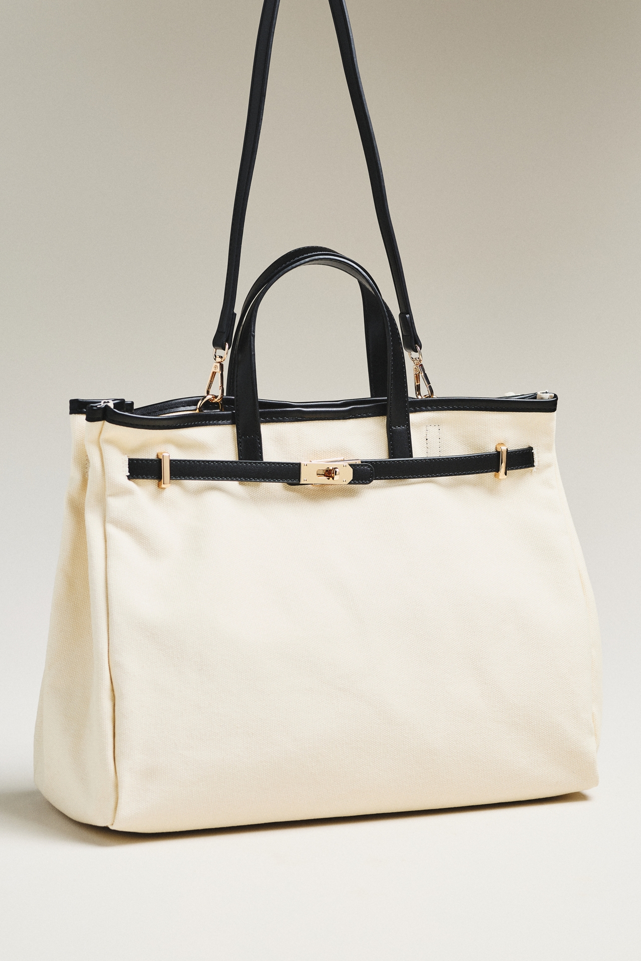 Faux-Leather Trim Belted Canvas Tote