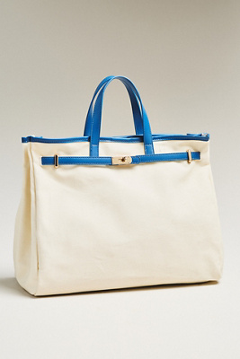 By Anthropologie Faux Leather Trim Belted Canvas Tote In Blue