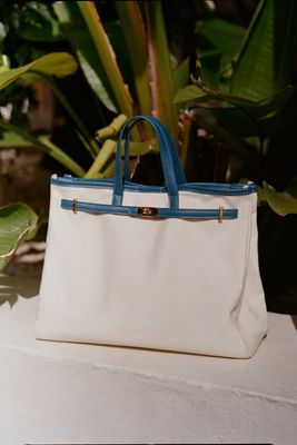 Faux Leather Trim Belted Canvas Tote