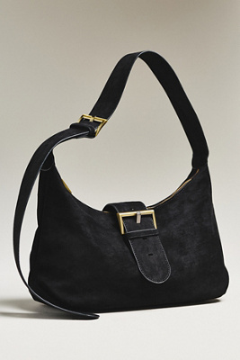 By Anthropologie Faux Suede Big Buckle Slouchy Shoulder Bag In Black
