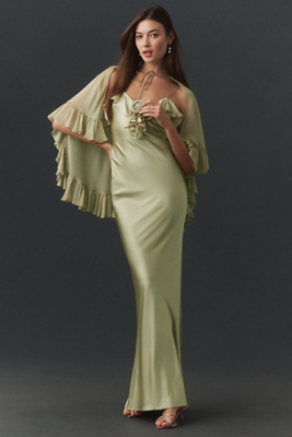 De La Vali Esperanza Ruffled Silk Satin Maxi Dress In Green