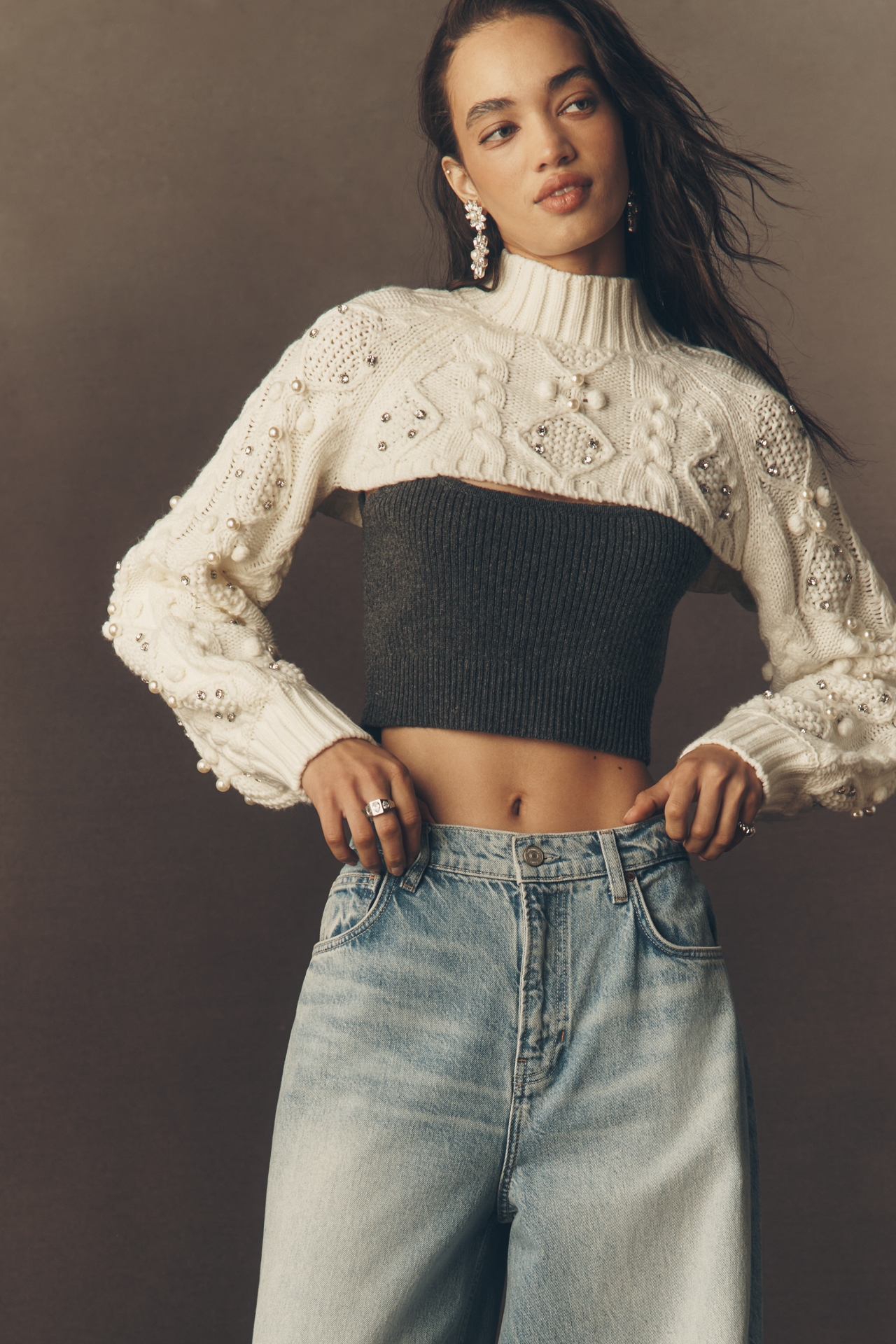 BLITHE Mock-Neck Embellished Shrug