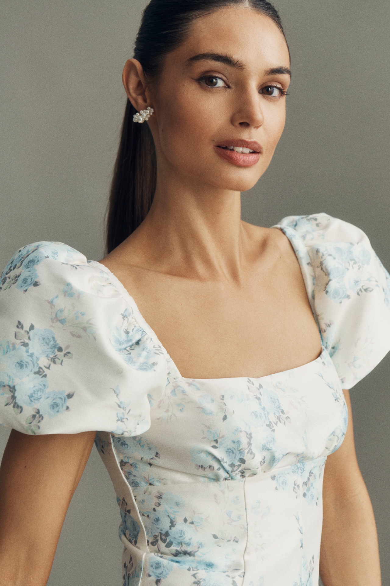 BHLDN Puff-Sleeve Printed Dupioni Fit & Flare Mini Dress