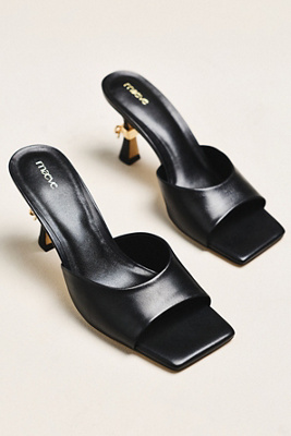 Maeve Metal Bow Open-toe Mule Heels In Black