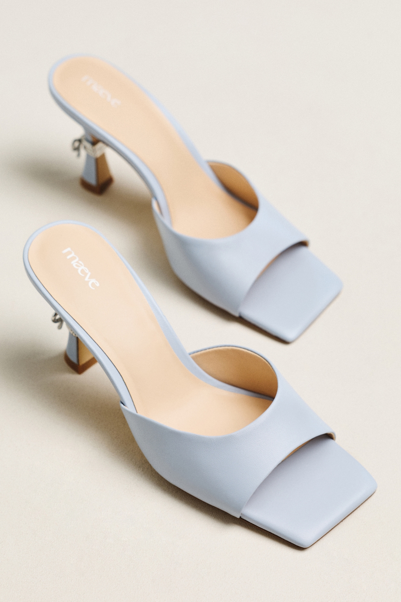 Maeve Metal Bow Open-Toe Mule Heels