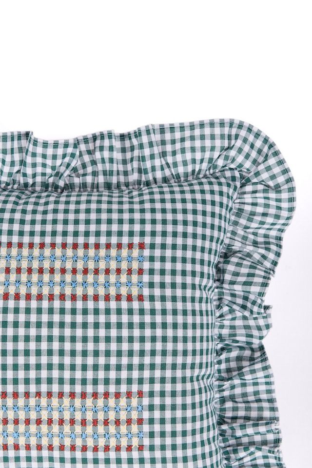 Casa Edel Embroidered Gingham Ruffle Pillow #2