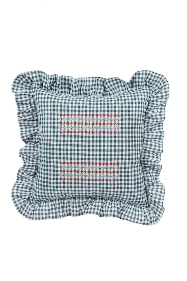 Casa Edel Embroidered Gingham Ruffle Pillow #1