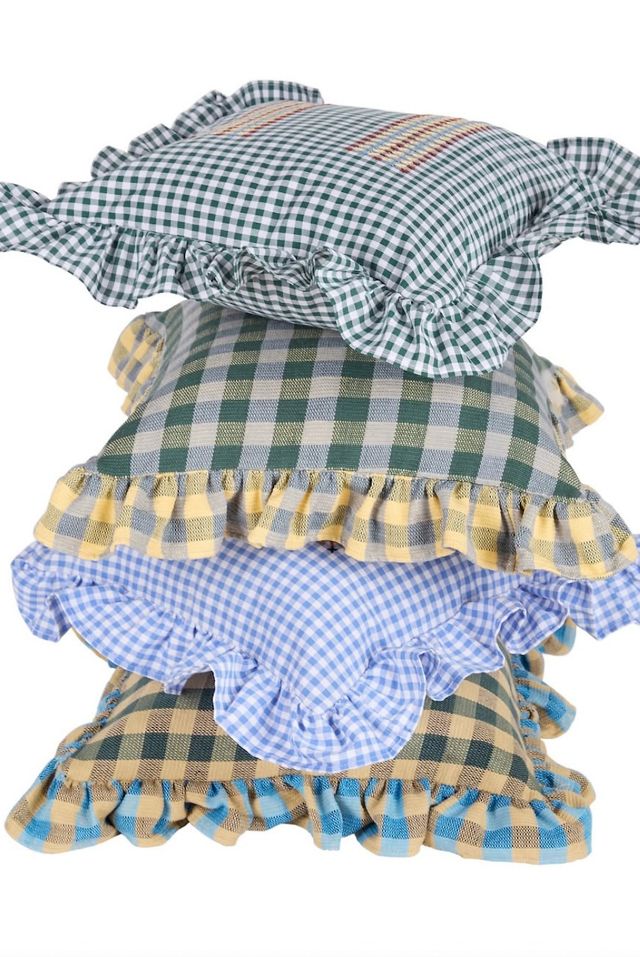 Casa Edel Embroidered Gingham Ruffle Pillow #1