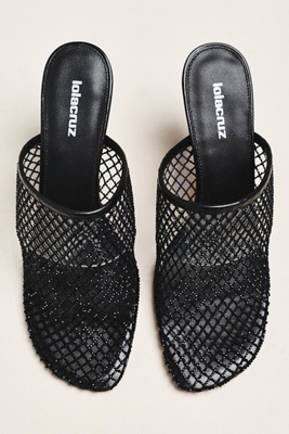 Lola Cruz Rhinestone Netted Mule Heels In Black