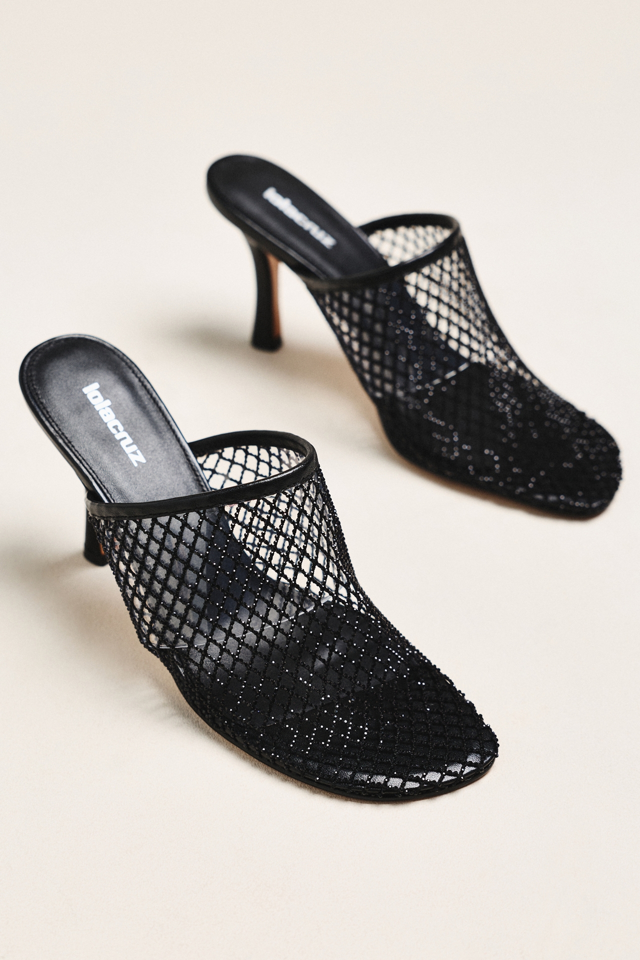 Lola Cruz Rhinestone Netted Mule Heels