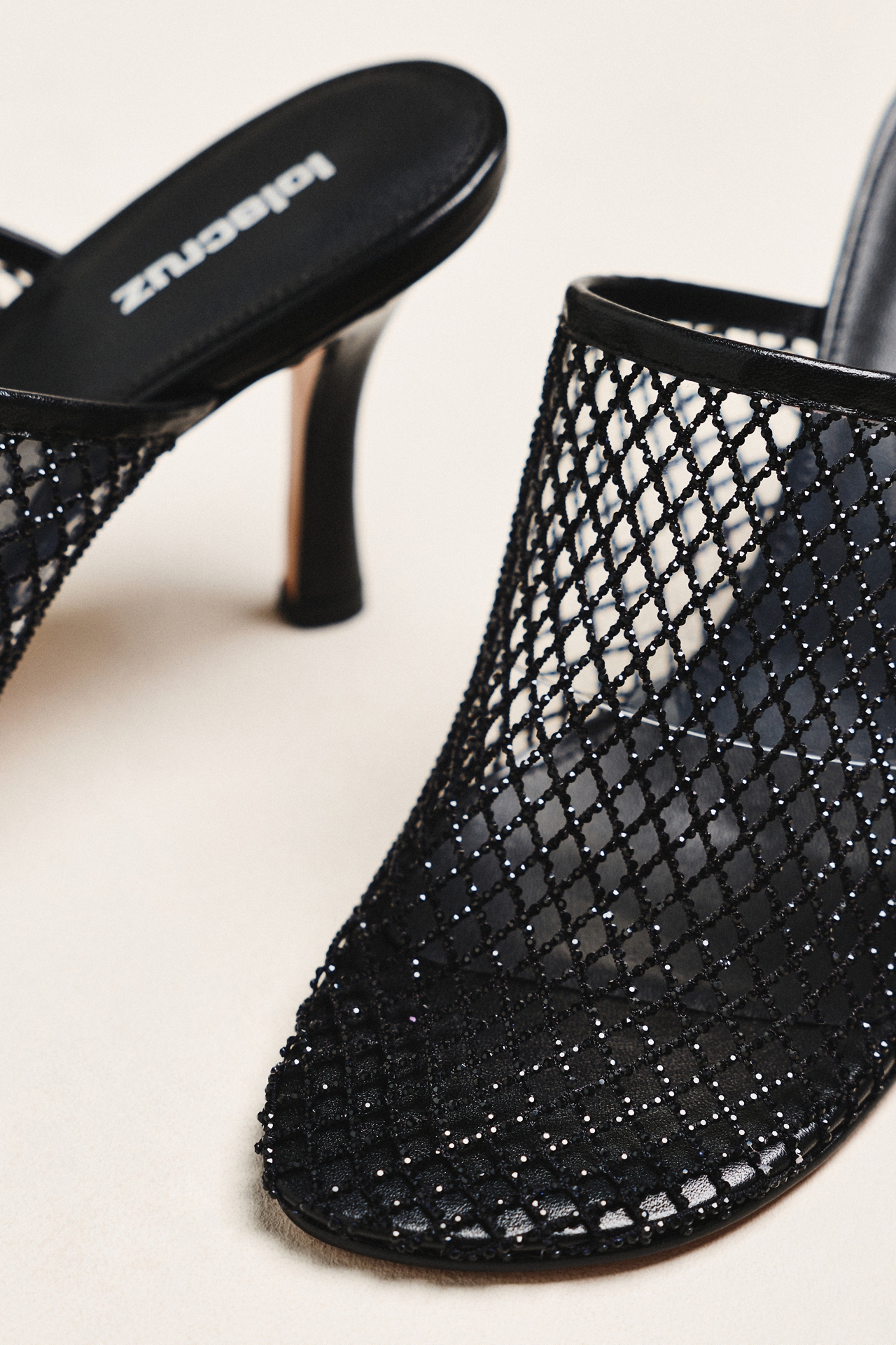 Lola Cruz Rhinestone Netted Mule Heels