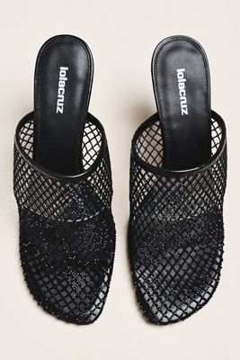 Lola Cruz Rhinestone Netted Mule Heels