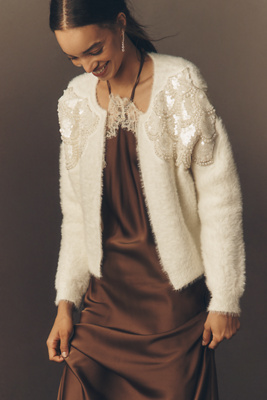 By Anthropologie Pearl Embroidered Fuzzy Cardigan Sweater In Neutral
