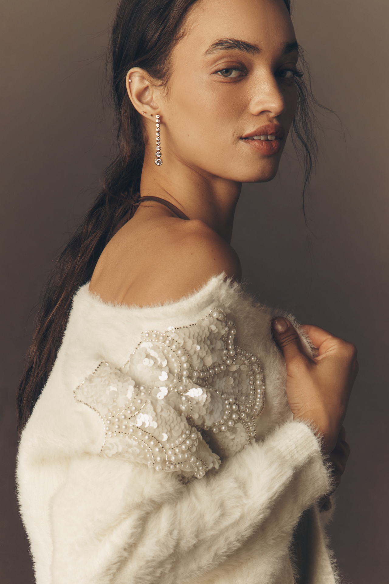 By Anthropologie Pearl Embroidered Fuzzy Cardigan Sweater