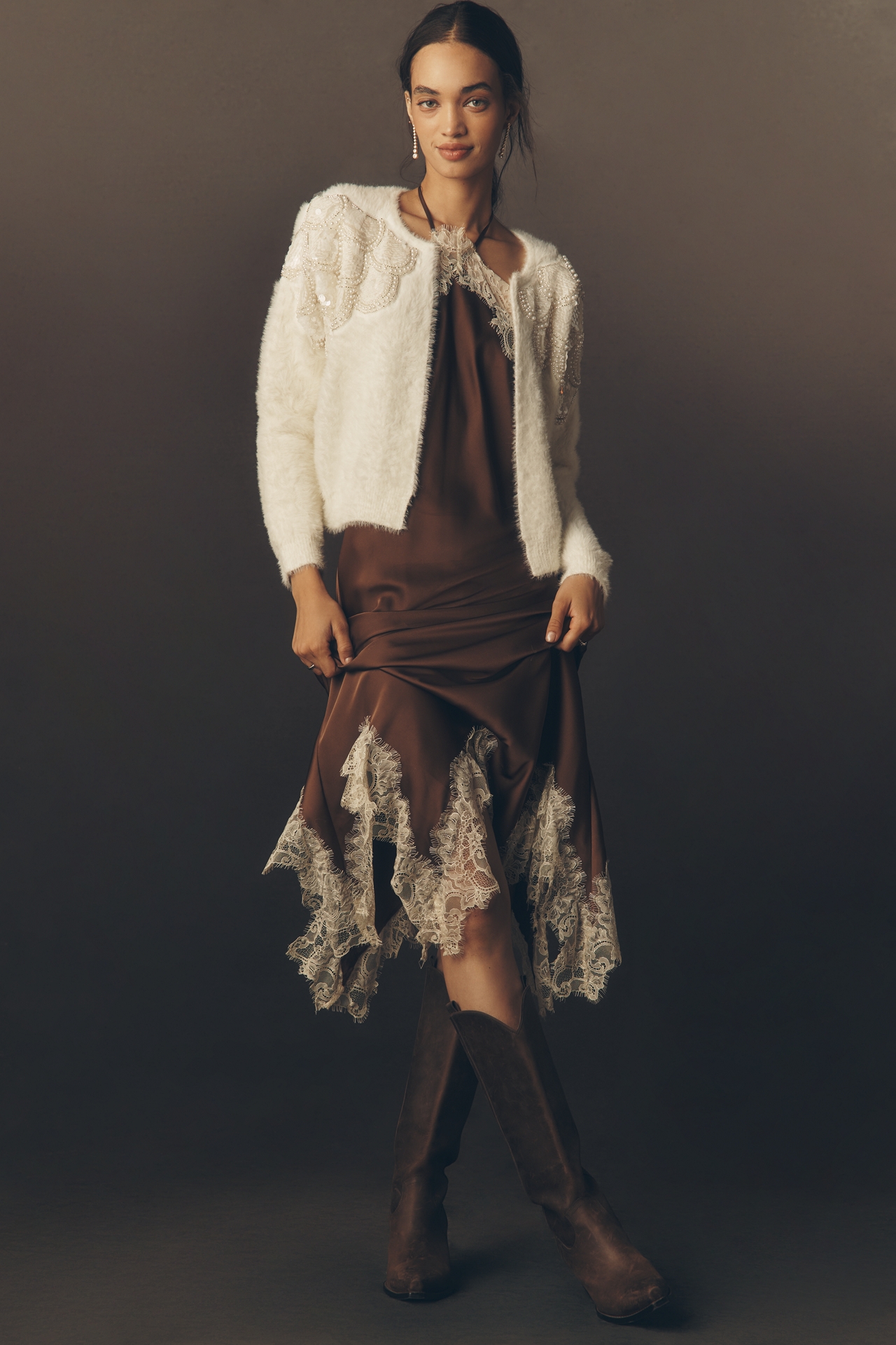 By Anthropologie Pearl Embroidered Fuzzy Cardigan Sweater