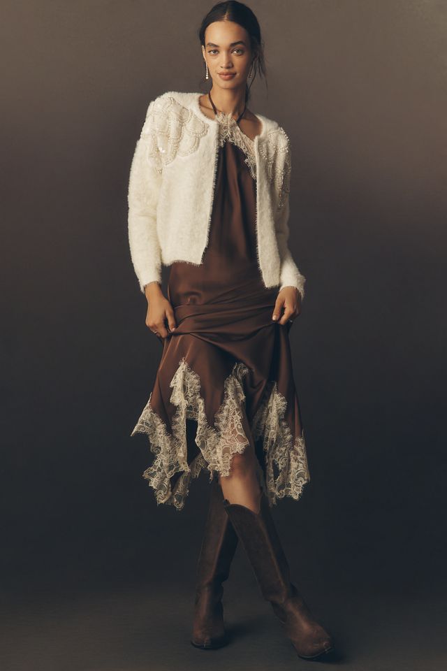 By Anthropologie Pearl Embroidered Fuzzy Cardigan Sweater #2