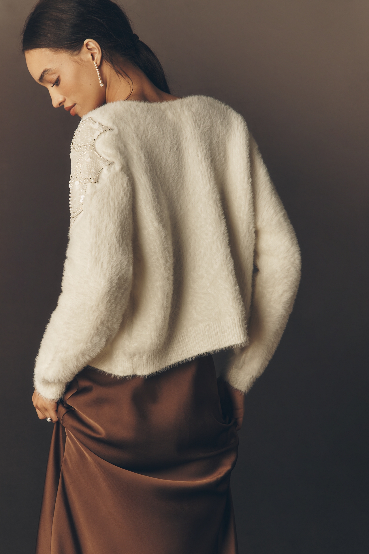 By Anthropologie Pearl Embroidered Fuzzy Cardigan Sweater