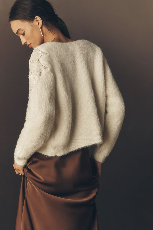 By Anthropologie Pearl Embroidered Fuzzy Cardigan Sweater #3