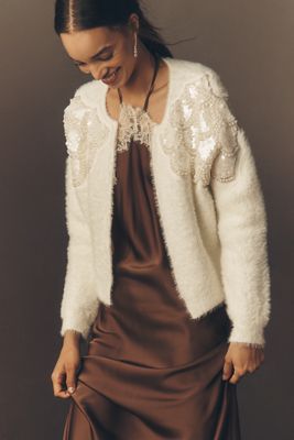 By Anthropologie Pearl Embroidered Fuzzy Cardigan Sweater