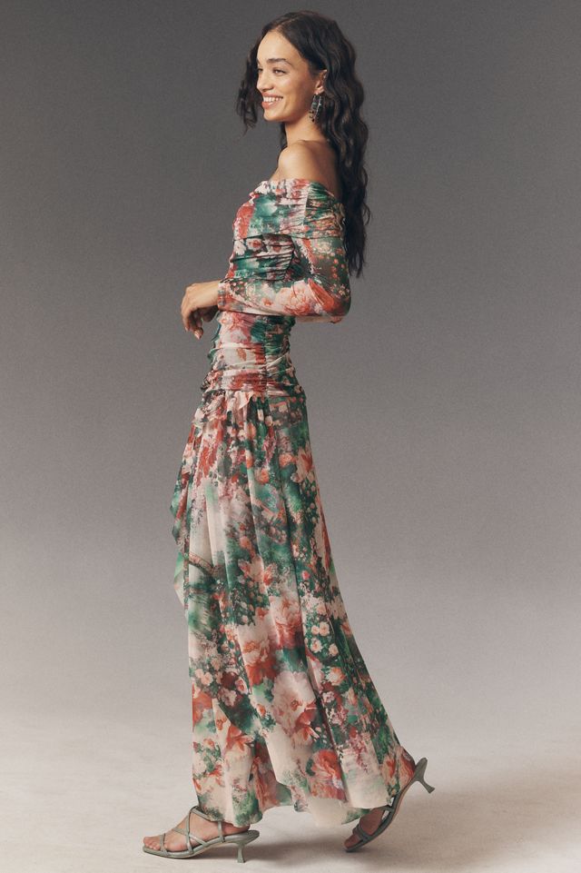 chinese dress ladies Ivy Print Maxi Dress with Sheer Ruffle Detail