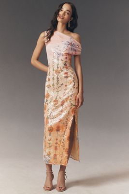 Mac Duggal Pleated Flutter-Sleeve Deep-V Empire-Waist Gown