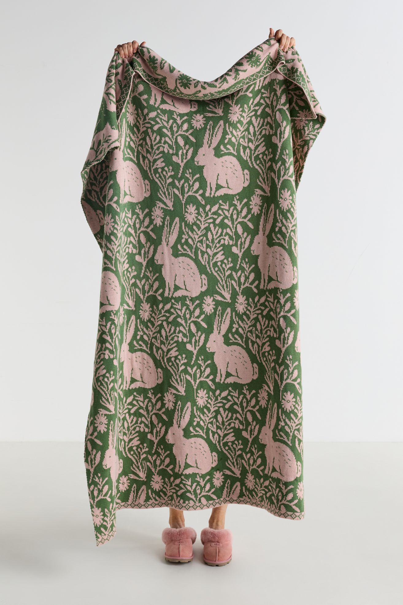 Cotton Knit Floral Animal Throw Blanket - Green Rabbit, 50" x 70"