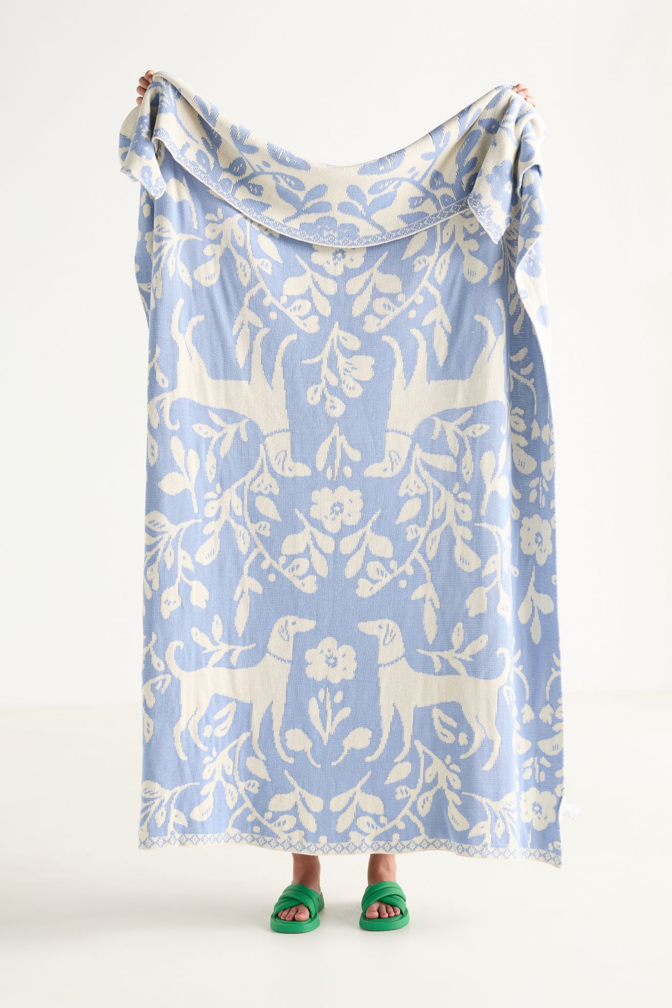 Cotton Knit Floral Animal Throw Blanket - Blue Dogs, 50" x 70"
