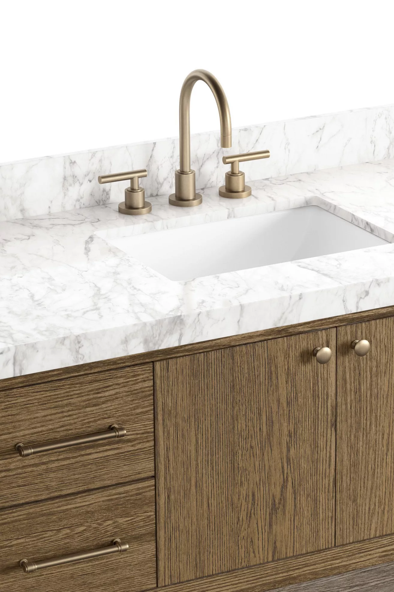 Bronze faucet and marble countertop close-up