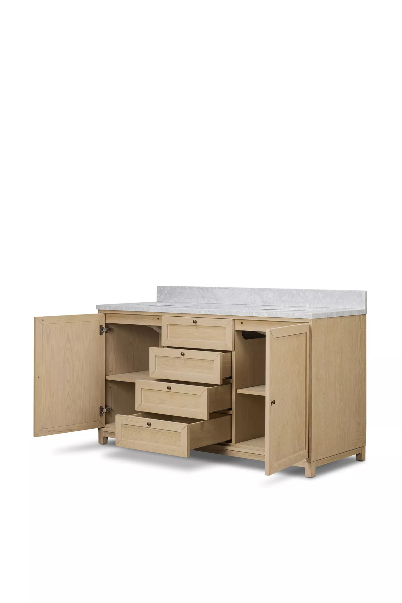 Millie marble-top double bathroom vanity with doors open