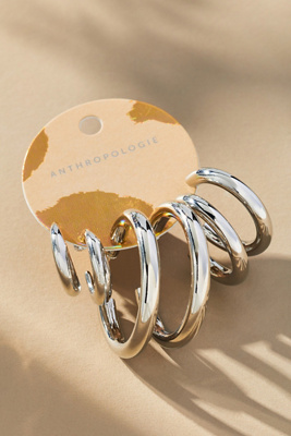 By Anthropologie Classic Hoop Earrings, Set Of 3 In Silver