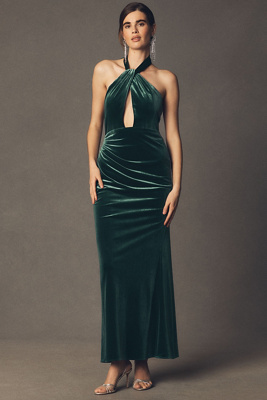 Mac Duggal Twist Halter Velvet Column Maxi Dress In Green