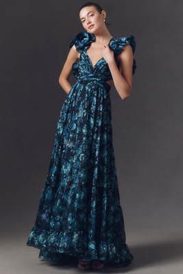 Mac Duggal Ruffle-sleeve V-neck Tiered Chiffon Maxi Dress In Blue