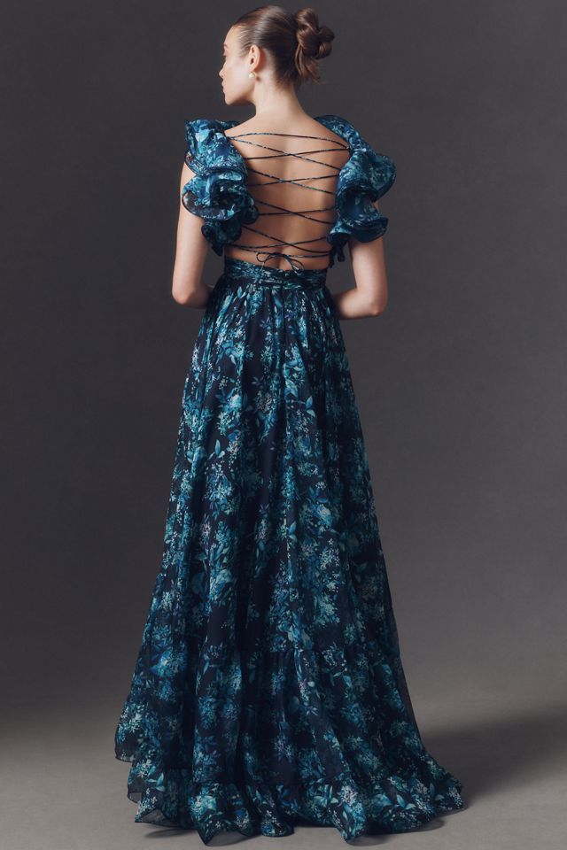 Mac Duggal Ruffle-Sleeve V-Neck Tiered Chiffon Maxi Dress #1