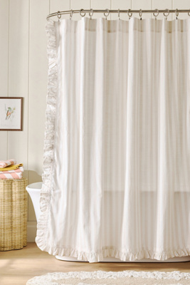 Maeve Organic Cotton Ruffled Stripe Shower Curtain, Neutral