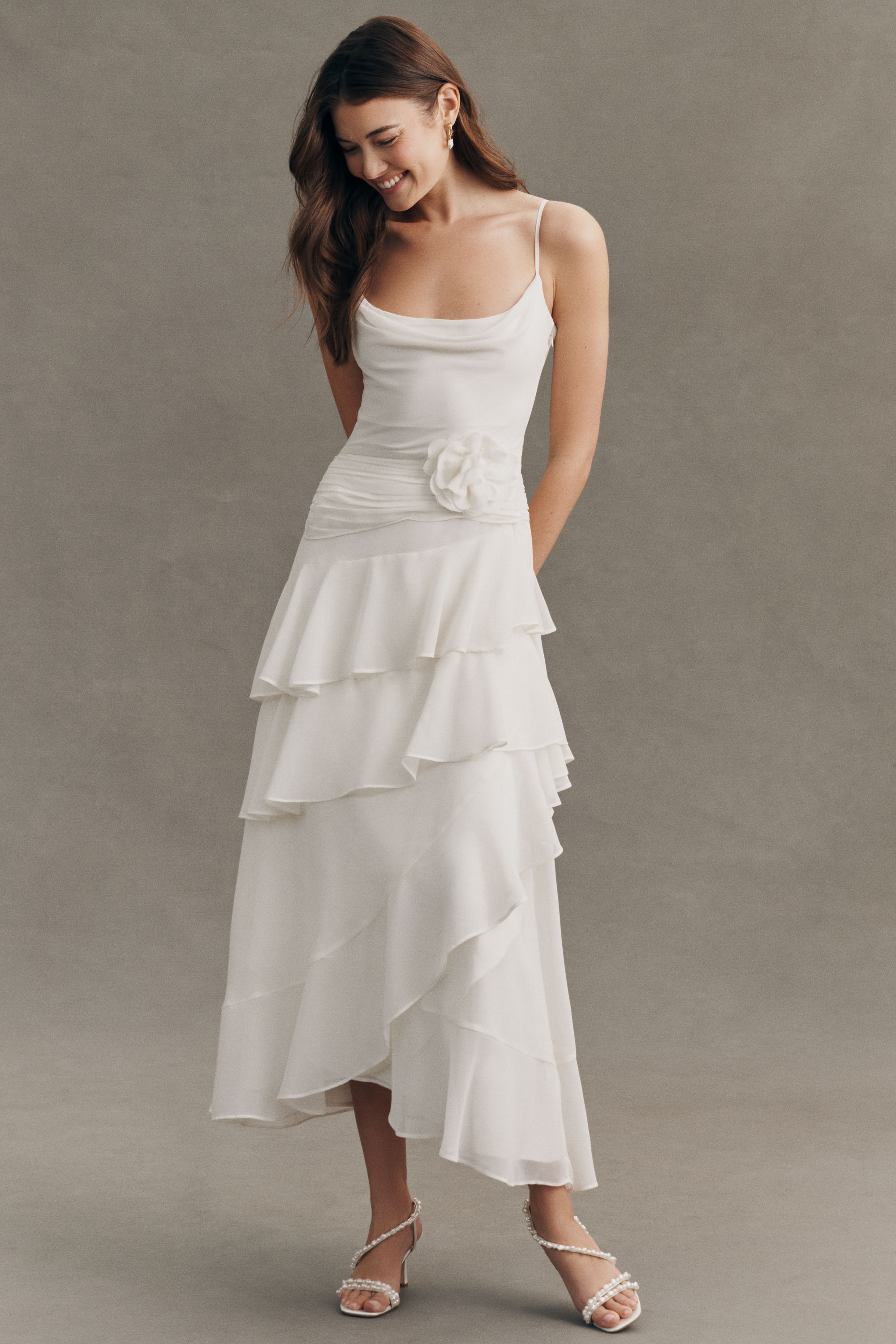 Chiffon Tiered Rosette Midi Dress - Image 1