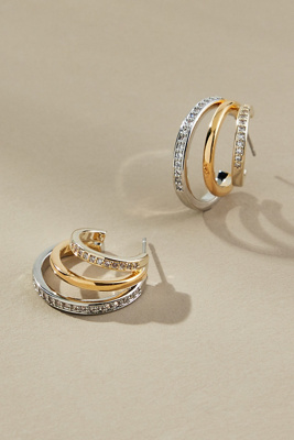 By Anthropologie Mixed Metal Crystal Huggie Hoop Earrings In Gold