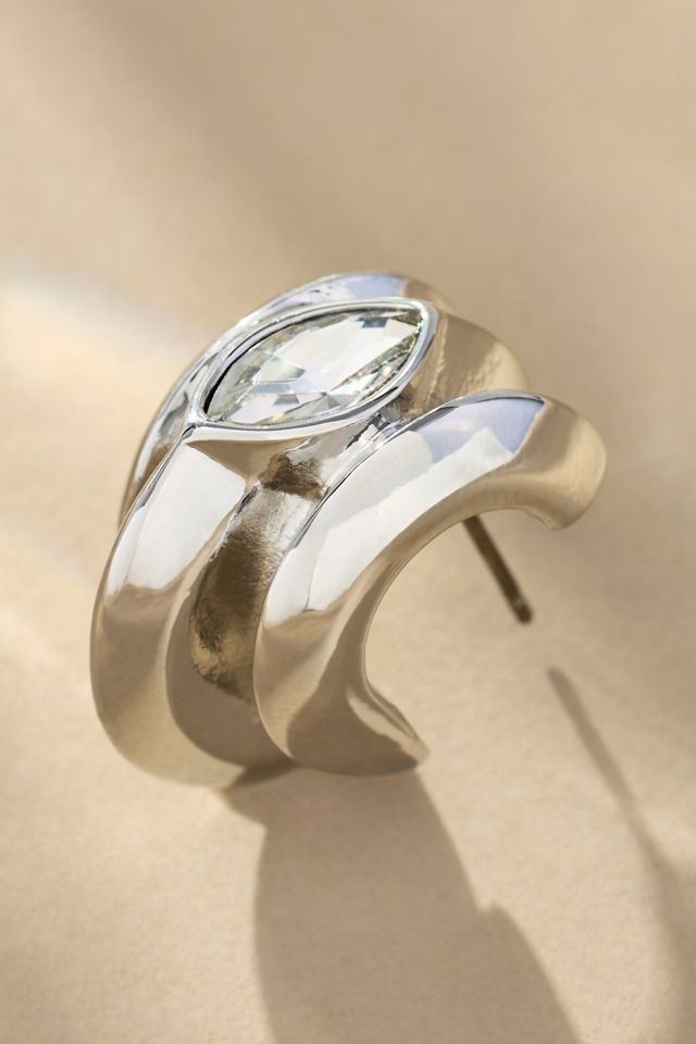 Center Crystal Ribbed Huggie Earrings #1