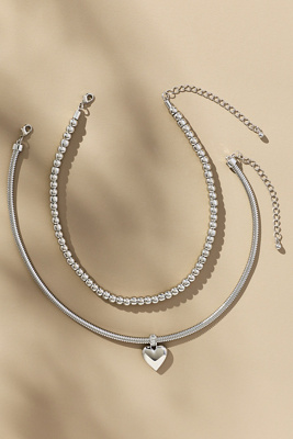 By Anthropologie Heart Charm Layered Necklaces, Set Of 2 In Silver