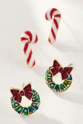 Baublebar Candy Cane & Mistletoe Earrings Set In Multi
