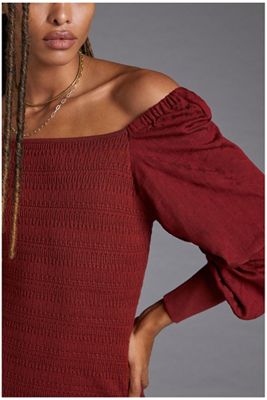 Smocked Puff-Sleeved Midi Dress