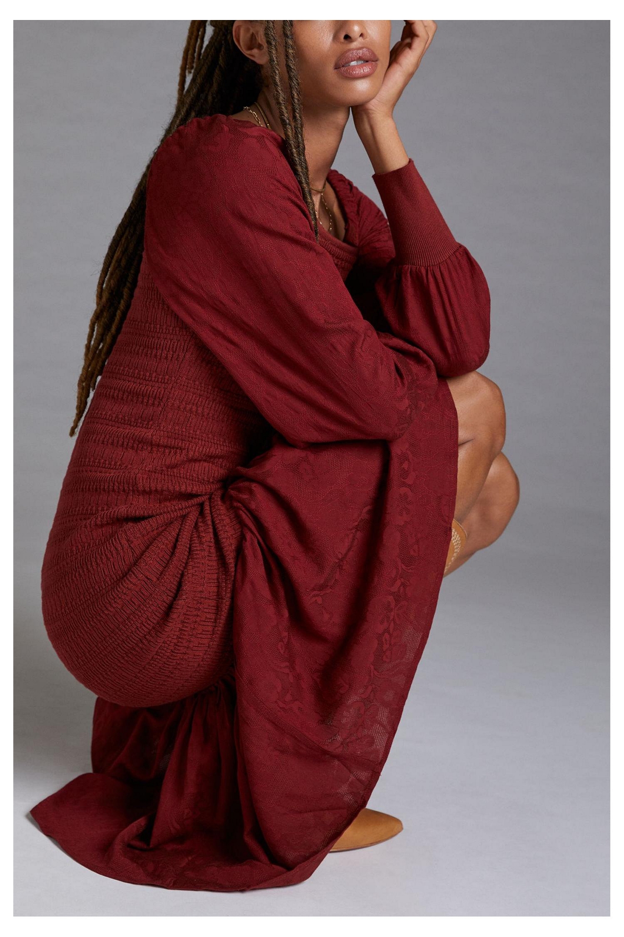 Smocked Puff-Sleeved Midi Dress
