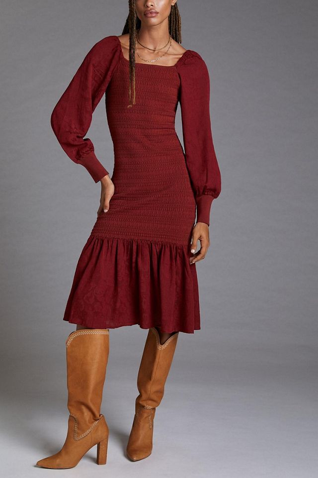 Smocked Puff-Sleeved Midi Dress #4