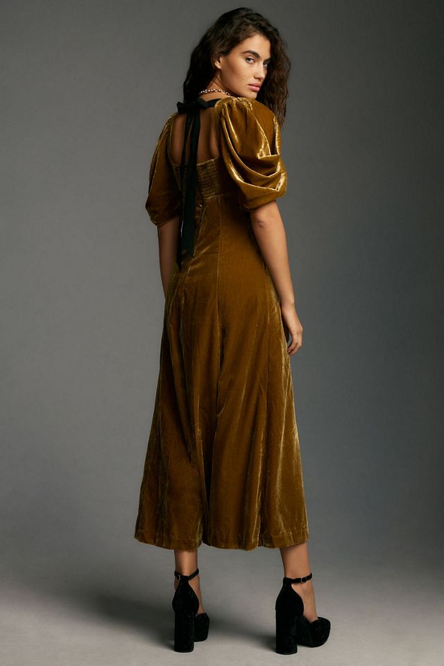Short-Sleeve Square-Neck Velvet Midi Dress #3