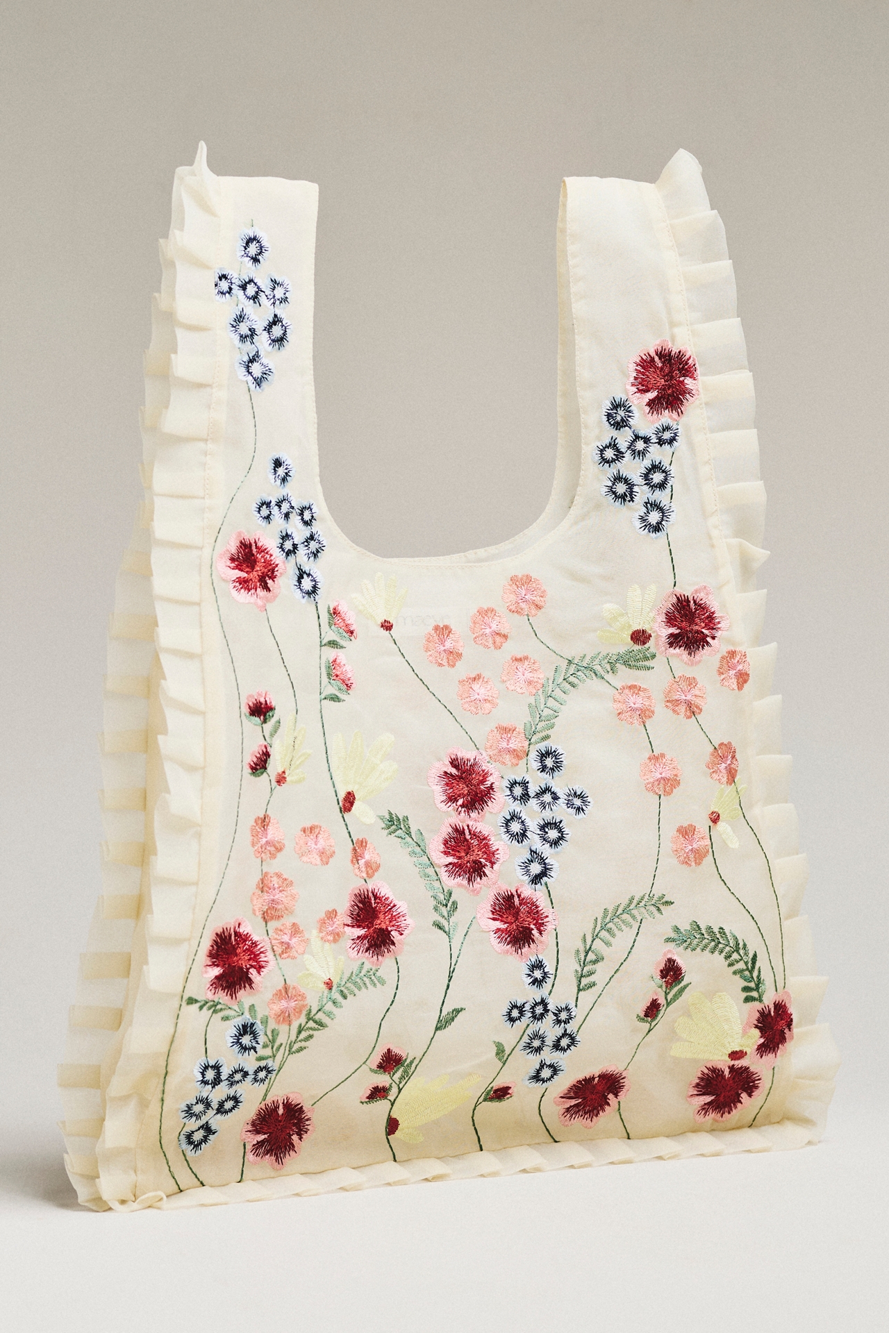 Mesh Floral Ruffle Tote Bag