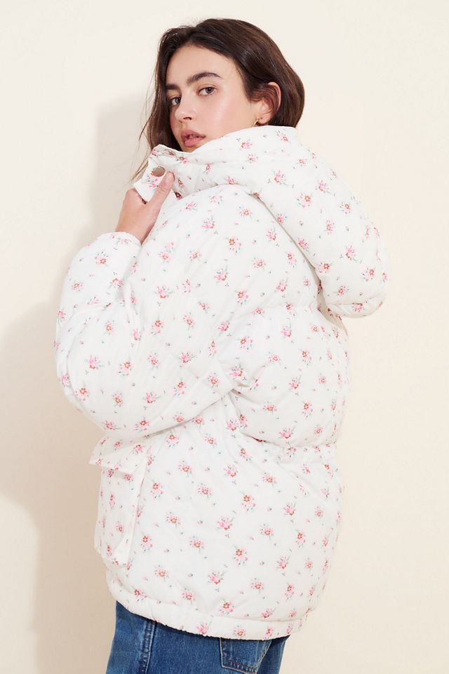 Flat White Floral Hooded Puffer Jacket #1