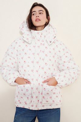 Flat White Floral Hooded Puffer Jacket