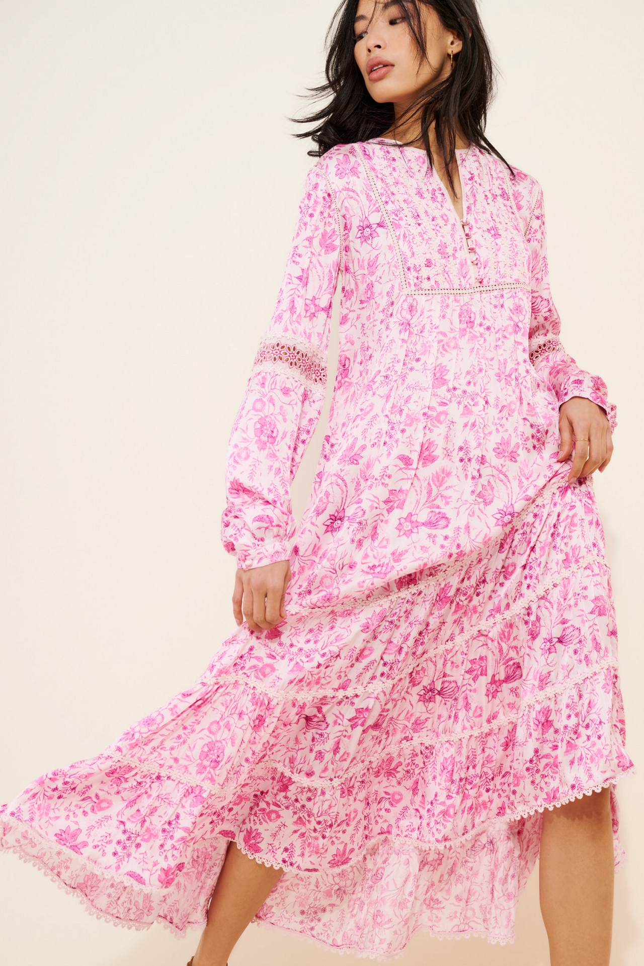Payal Jain Floral Cotton Blend Long Sleeve Midi Dress