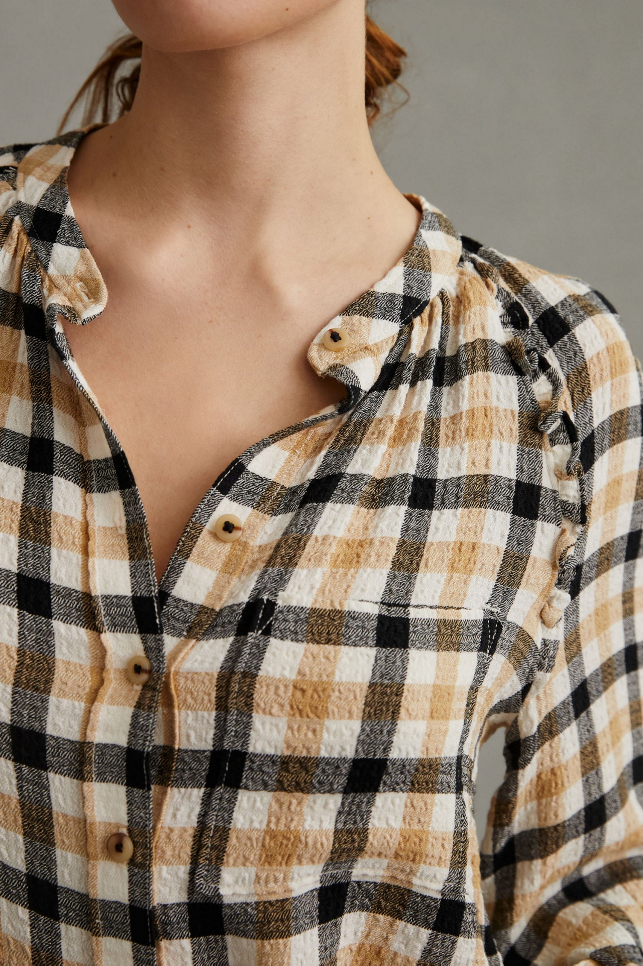 Pilcro Plaid Ruffled Buttondown