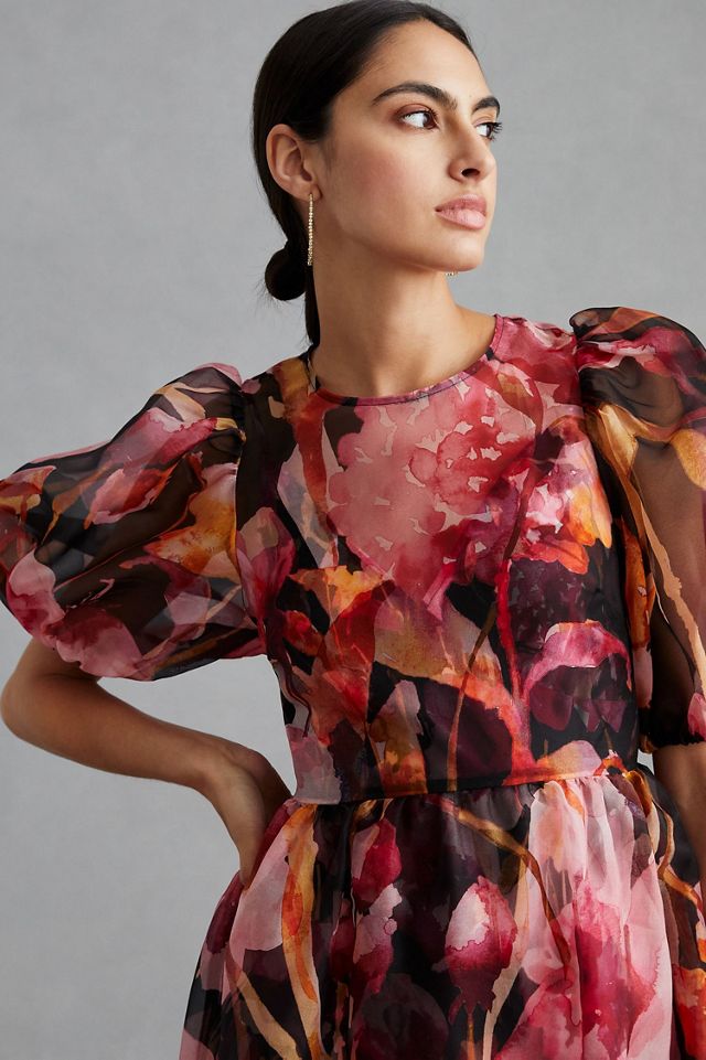 Puff-Sleeve Organza Midi Dress #2